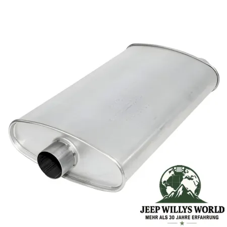 Muffler with 2.25" (57,15 mm) for 2.5L 4 Cylinder and 4.0L 6 Cylinder engine. Jeep Cherokee XJ (1986-2000), inlet pictured.