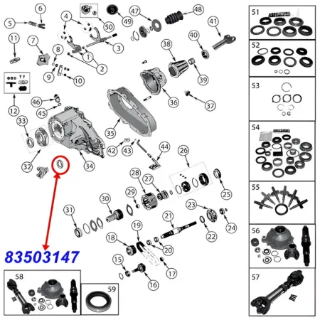 Output Shaft Oil Seal (front) for NP231 Transfer Case. Jeep Cherokee XJ / Wrangler YJ / Comanche MJ (1987-1995), exploded drawing highlighting the position of Seal on Transfer Case.