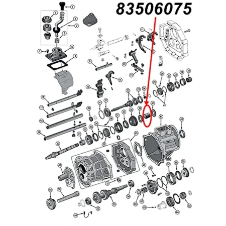 Nadellager für den ersten (1.) Gang am AX15 Schaltgetriebe. Jeep Cherokee XJ / Wrangler YJ / TJ / Grand Cherokee ZJ / Comanche MJ (1987-1999), Explosionszeichnung, die mit rotem Pfeil die Position des Lagers am Schaltgetriebezeigt.