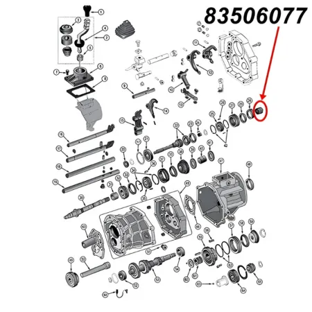 Nadellager für den dritten (3.) Gang am AX15 Schaltgetriebe. Jeep Cherokee XJ / Wrangler YJ / TJ / Grand Cherokee ZJ / Comanche MJ (1987-1999), Explosionszeichnung, die mit rotem Pfeil die Position des Lagerss am Schaltgetriebezeigt.
