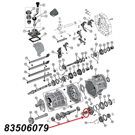 Nadellager für den fünften (5.) Gang am AX15 Schaltgetriebe. Jeep Cherokee XJ / Wrangler YJ / TJ / Grand Cherokee ZJ / Comanche MJ (1987-1999), Explosionszeichnung, die mit rotem Pfeil die Position des Lagers am Schaltgetriebezeigt.