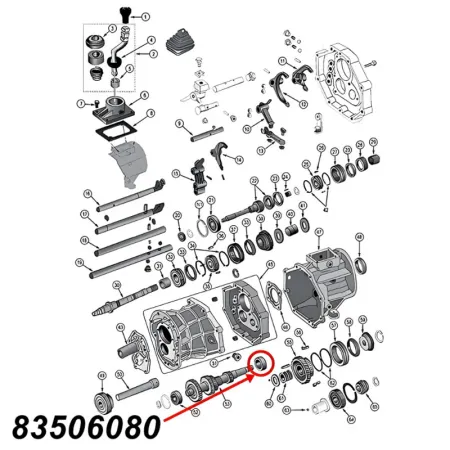 Hinteres Lager der Vorgelegewelle für AX15 Schaltgetriebe. Jeep Cherokee XJ / Wrangler YJ / TJ / Grand Cherokee ZJ (1987-1999), Explosionszeichnung die mit rotem Pfeil die Position des Lagers am Schaltgetriebe zeigt.
