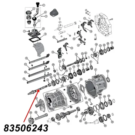Hauptwelle für AX15 Schaltgetriebe. Jeep Cherokee XJ / Wrangler YJ / TJ / Grand Cherokee ZJ (1987-1999), Explosionszeichnung die mit roten Pfeilen die Position der Welle am Schaltgetriebe zeigt.
