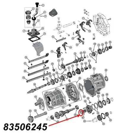 Druckscheibe für die Vorgelegewelle am AX15 Schaltgetriebe. Jeep Cherokee XJ / Wrangler YJ / TJ / Grand Cherokee ZJ / Comanche MJ (1987-1999), Explosionszeichnung, die mit rotem Pfeil die Position der Druckscheibe am Schaltgetriebezeigt.