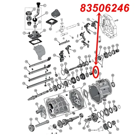 Druckscheibe für den ersten (1.) Gang am AX15 Schaltgetriebe. Jeep Cherokee XJ / Wrangler YJ / TJ / Grand Cherokee ZJ / Comanche MJ (1987-1999), Explosionszeichnung, die mit rotem Pfeil die Position der Druckscheibe am Schaltgetriebezeigt.