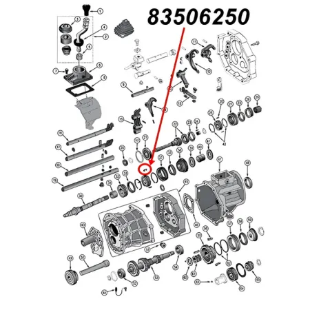 Schaltstein für den ersten (1.) und dritten (2.) Gang am AX15 Schaltgetriebe. Jeep Cherokee XJ / Wrangler YJ / TJ / Grand Cherokee ZJ / Comanche MJ (1987-1999), Explosionszeichnung die mit rotem Pfeil die Position des Schaltsteins am Getriebe zeigt.