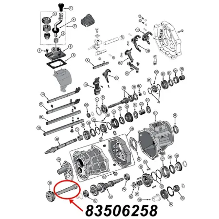 Schaltstange vom Rückwärtsgang am AX15 Schaltgetriebe. Jeep Cherokee XJ / Wrangler YJ / TJ / Grand Cherokee ZJ / Comanche MJ (1987-1999), Explosionszeichnung, die mit rotem Pfeil die Position der Stange am Schaltgetriebezeigt.
