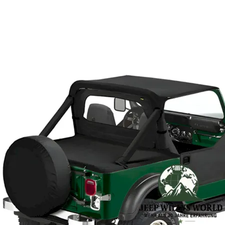 Duster Deck Cover Heckabdeckung  Black Crush Bestop Jeep CJ7, Wrangler YJ (80-91)  montiert, mit zusätzlichem Bikini Top und Windjammer.