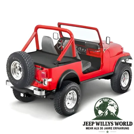 Duster Deck Cover Heckabdeckung Black Crush Supertop Jeep CJ7, Wrangler YJ (80-91), montiert auf einem roten Jeep ohne Top.