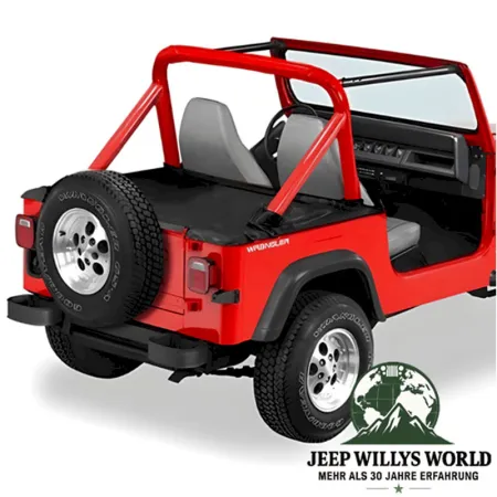 Duster Heckabdeckung Black Crush Jeep CJ7, Wrangler YJ (80-91), von hinten rechts am Fahrzeug montiert.