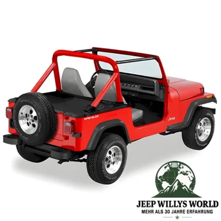 Duster Heckabdeckung Black Crush Jeep CJ7, Wrangler YJ (80-91), von hinten rechts am Fahrzeug montiert, nähere Ansicht.