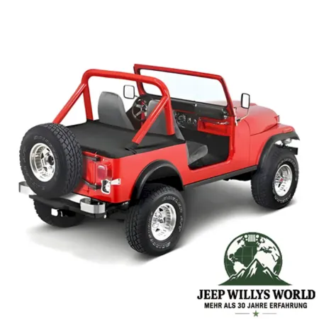 Duster Deck Cover Heckabdeckung Black Crush Supertop Jeep CJ7, Wrangler YJ (80-91), montiert auf einem roten Jeep ohne Top.