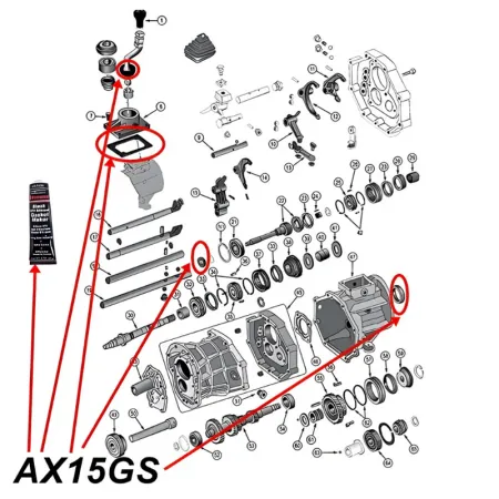 Dichtsatz AX15 Schaltgetriebe Jeep Cherokee XJ / Wrangler YJ / TJ / Grand Cherokee ZJ (87-89), Explosionszeichnung die mit roten Pfeilen alle Set-Teile am Schaltgetriebe zeigt.