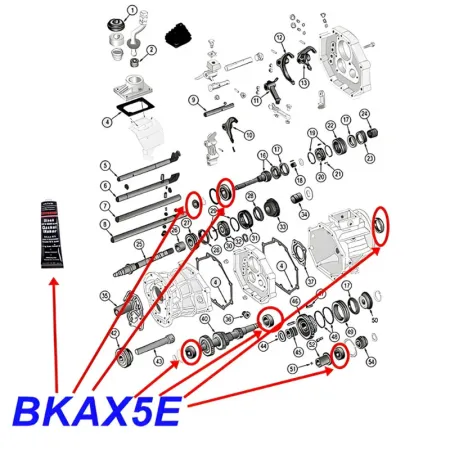 Lager und Simmerring Set für AX15 Schaltgetriebe. Jeep Cherokee XJ / Wrangler YJ (1984-05.11.1988), Explosionszeichnung die mit rotem Pfeil die Position der Set-Bestandteile am Schaltgetriebe zeigt.