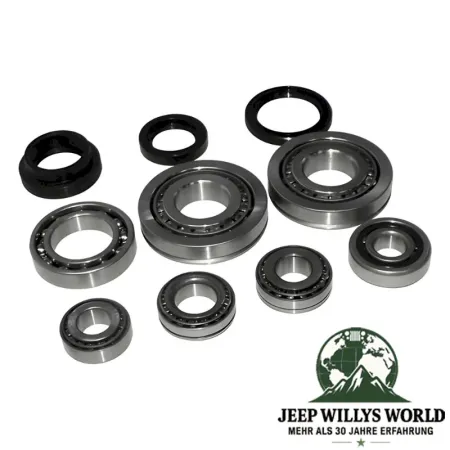 Lager & Simmerring Set BA10/5 Schaltgetriebe Jeep Cherokee XJ / Wrangler YJ (87-89), kompletter Lieferumfang abgebildet (Lager Zwischenzahnrad 5. Gang, Lager der Vorgelegewelle vorne und hinten, Lager Hauptwelle, Lager Eingangswelle vorne und hinten, Simm