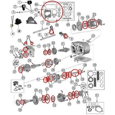 Dichtsatz Überholsatz Master Kit Dana 300 Verteilergetriebe Jeep CJ 80-86, Explosionszeichnung die in Rot alle Teile an Ihrer Position am Verteilergetriebe hervorhebt.