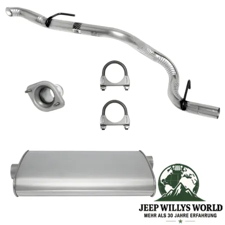 Endschalldämpfer und Endrohrbogen Kit (aluminisiert) inkl. Schellen und Flansch. 2,25" (57,15 mm) für 4,0L 6 Zylinder Motor. Jeep Cherokee XJ (20.01.2000-2001), inkl. Schellen und Flansch abgebildet.