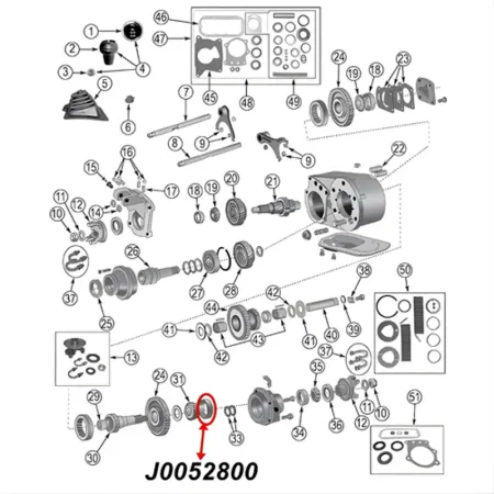 Crown Lager Schale  Dana 44 Hinterachse Dana 20, 300 Verteilergetriebe Ausgang. Jeep CJ / Willys MB / Ford GPW (1941-1986). Technische Zeichnung mit Hervorgehobener Position der Lagerschale am Verteilergetriebe.