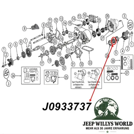 Outer Output Shaft Bearing Dana 20, 300 Transfer Case Rear Jeep SJ J Series / CJ5 / CJ6 / CJ7 / CJ8 (62-86), exploded drawing highlithing the location of the Output Seal on Transfer Case.