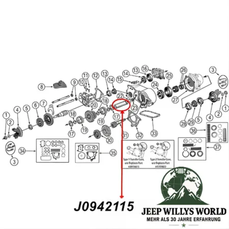 Zwischenwellen Schaft Dana 18, 20, 300 Verteilergetriebe Jeep Willys, CJ (46-86), Explosionszeichnung die mit einem roten Pfeil die Position des Schafts zeigt.