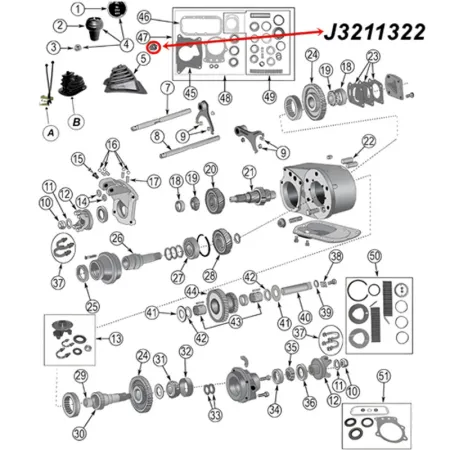Getriebe- Allradschalter 4WD Dana 300 Quadra-Trac Verteilergetriebe Jeep CJ 80-86, Explosionszecihnung mit rotem Pfeil zur Position des Allradschalters.