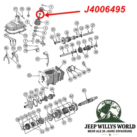 Shift Knob Lock Nut Transfer Case or Transmission Shifter Jeep CJ (80-86), exploded drawing hightlighting the position of Lock Nut on Transmission.