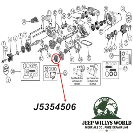 Zahnrad Hauptwelle Dana 20 Verteilergetriebe Jeep CJ 76-79, Explosionszeichnung die mit einem roten Pfeil die Position des Zahnrades zeigt.