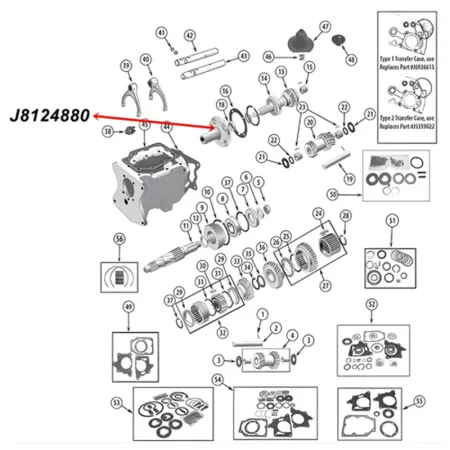 Bearing Retainer Front Input T150 Transmission Jeep CJ (76-79), exploded drawing highlighting the position of Bearing Retainer on Transmission with a red arrow.