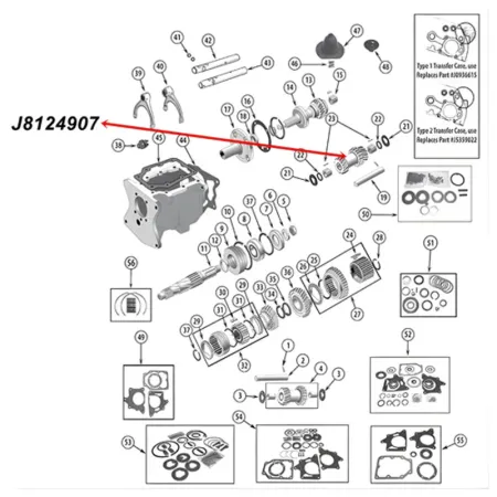 Cluster Gear T150 Transmission Jeep CJ (76-79), exploded drawing highlighting the location of Cluster Gear on Transmission with a red arrow.