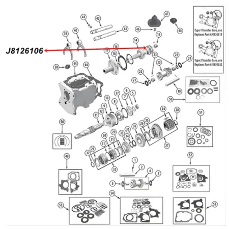 Input Shaft 10 Spline 20 Teeth T150 Transmission Jeep CJ (76-79), exploded drawing highlighting the position of Input Shaft on Transmission with a red arrow.