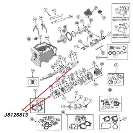 Snap Ring Front Main Shaft T150 Transmission Jeep CJ (76-79), exploded drawing highlighting the position of Snap Ring on Transmission with a red arrow.