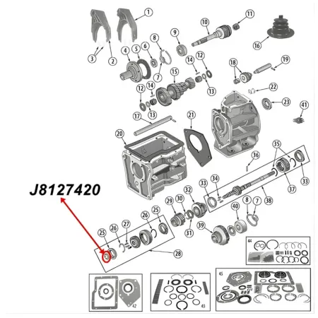 Snap Ring 3rd and 4th Gear Synchro Hub SR4 Transmission Jeep CJ (80-83), exploded drawing highlighting the position of Snap Rings on Transmission with red arrows.