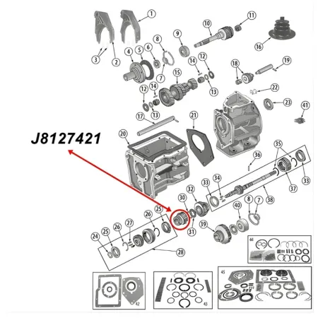 Third (3rd) Gear 26 Teeth SR4 Transmission Jeep CJ (80-83), exploded drawing highlighting the position of Gear on Transmission with a red arrow.