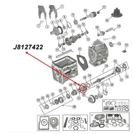 Second (2nd) Gear 32 Teeth SR4 Transmission Jeep CJ (80-83), exploded drawing highlighting the position of Gear with a red arrow.