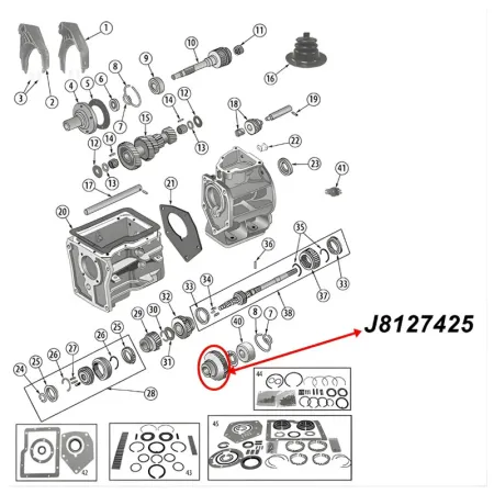 First (1st) Gear 33 Teeth SR4 Transmission Jeep CJ (80-83), exploded drawing highlighting the position of 1st Gear on Transmission with a red arrow.