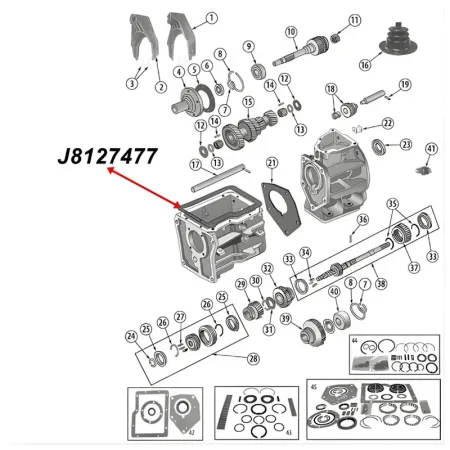 Shift Cover Gasket SR4 Transmission Jeep CJ (80-83), exploded drawing highlighting the position of Gasket red arrow.