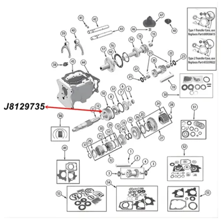 Bearing Adapter Rear Main Shaft T150 Transmission Jeep CJ (76-79), exploded drawing highlighting the position of Bearing Adapter on Transmission with a red arrow.