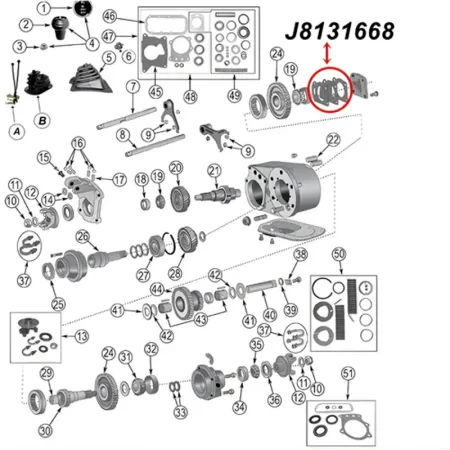 Einstellscheiben Set Ausgangswelle vorne Dana 300 Verteilergetriebe Jeep CJ 80-86, Explosionszeichnung die mit roter Umrandung die Position der Einstellscheiben zeigt.