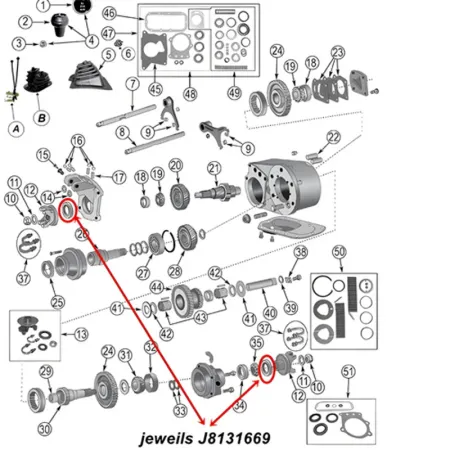 Simmerring Dana 300 Verteilergetriebe Ausgang vorne oder hinten Jeep CJ (80-86), technische Zeichnung, die die Position der beiden SImmerringe am Verteilergetriebe zeigt.