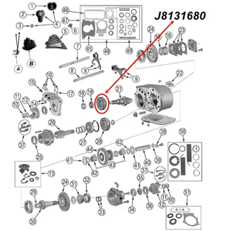Zahnrad Dana 300 Verteilergetriebe Ausgang vorne Jeep CJ 80-86, Explosivzeichnung mit rotem Pfeil ur Position des Ritzels am Verteilergetriebe.
