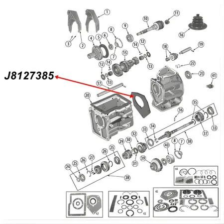 Output Shaft Oil Seal SR4 T4 T5 Transmission Jeep CJ / SJ / Cherokee XJ (80-86), exploded drawing highlighting the position of Oil Seal on Transmission with a red arrow.