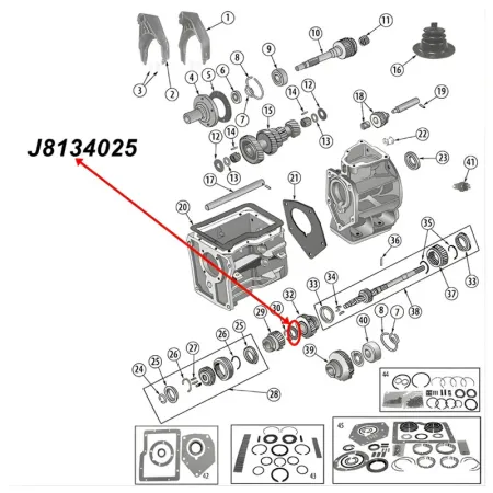 Thrust Washer 2nd 3rd Gear SR4 T4 T5 Transmission Jeep CJ / SJ / Cherokee XJ (80-86), exploded drawing highlighting the position of Thrust Washer on Transmission with red arrows.