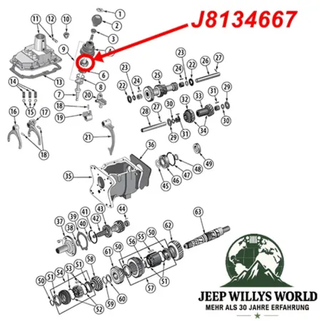 Housing Cap T176 T177 Transmission Jeep CJ (80-86), exploded drawing highlighting the position of Housing Cap on Transmission.