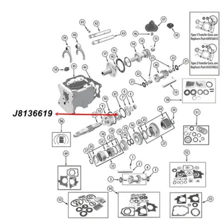 Bearing Main Shaft Output T86 T90 T150 Transmission Jeep CJ / SJ / Willys (46-79), exploded drawing highlighting the position of Bearing on Transmission with a red arrow.