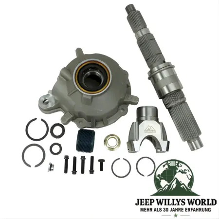 Slip Yoke Eliminator Kit incl. Heavy Duty Main Shaft, Rear Output Housing and Yoke for NP231 Transfer Case. Jeep Cherokee XJ / Wrangler YJ /  TJ / JK / Comache MJ (1987-2007), ful lscope of delivery pictured.