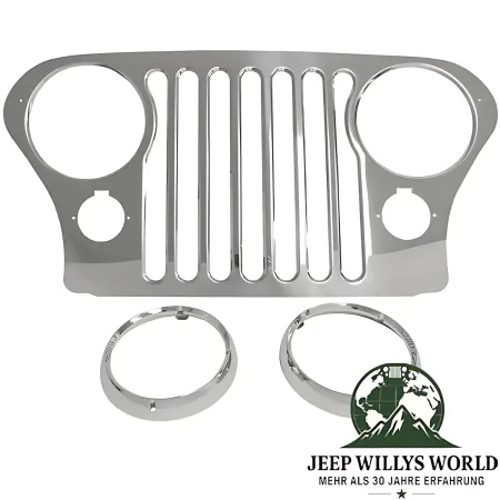 RT Off-Road Kühlergrillblende Edelstahl + Chrom Scheinwerferblenden Scheinwerferringe Jeep CJ5 CJ7 CJ8 (1972-1986).