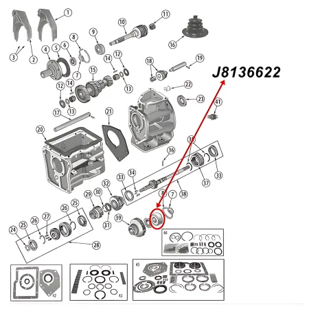 Exploded drawing if Output Shaft Bearing SR4 Input Shaft T84 Overdrive T85 Transmission Jeep CJ / SJ / Willys (41-83).