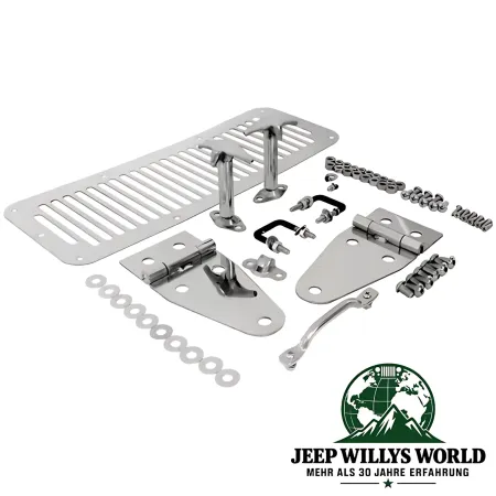 Motorhauben Scharnier Set Edelstahl Hochglanzpoliert Jeep CJ5 CJ7 CJ8, Wrangler YJ (76-95), mit Schrauben und Lüftungsgitter.