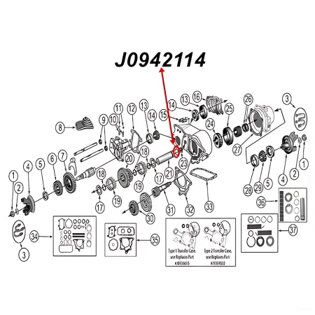 Explosionszeichnung von O-Ring Zwischenwellen Schaft Dana 20, 300 Verteilergetriebe Jeep SJ J-Serie, Commando, CJ 46-86