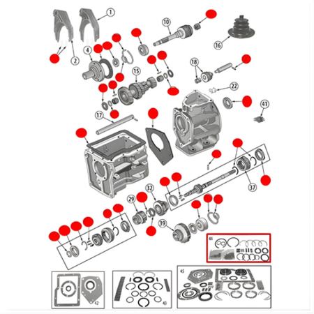 Reparatur Master Kit SR4 Schaltgetriebe Jeep CJ (80-83), Explosionszeichnung die mit roten Punkten und Rechtecken die Positionen der Teile am Schaltgetriebe zeigt.